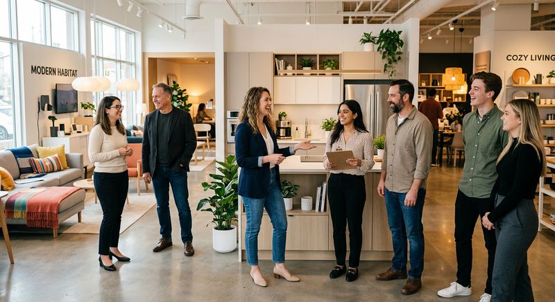 MIOCASA team in modern furniture showroom